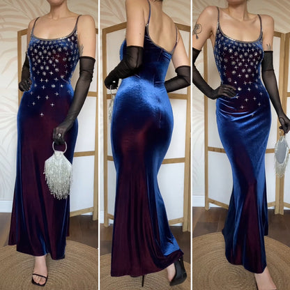 Frank Usher blue velvet stretch beaded evening dress UK 12