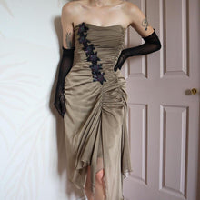 Load image into Gallery viewer, Charas dusky khaki strapless lace up midi dress UK 8
