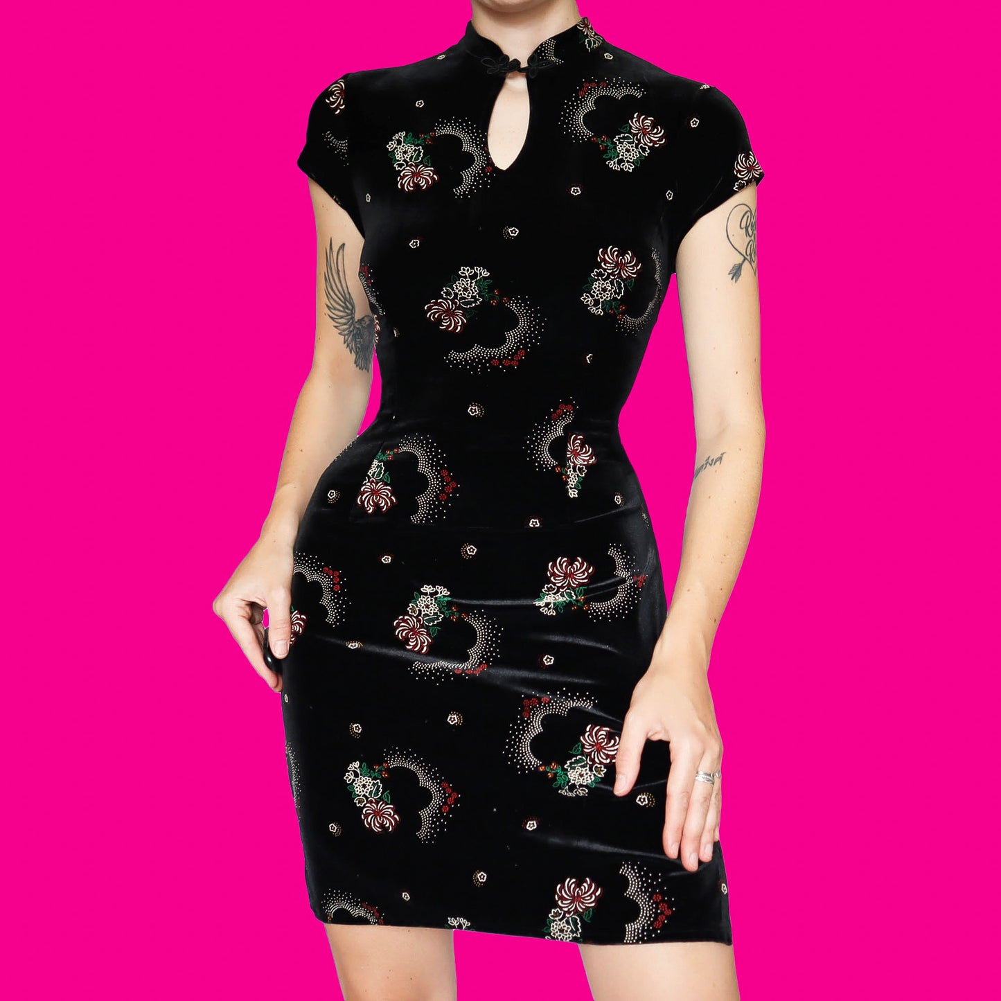 Black velvet short sleeve mini dress UK 12