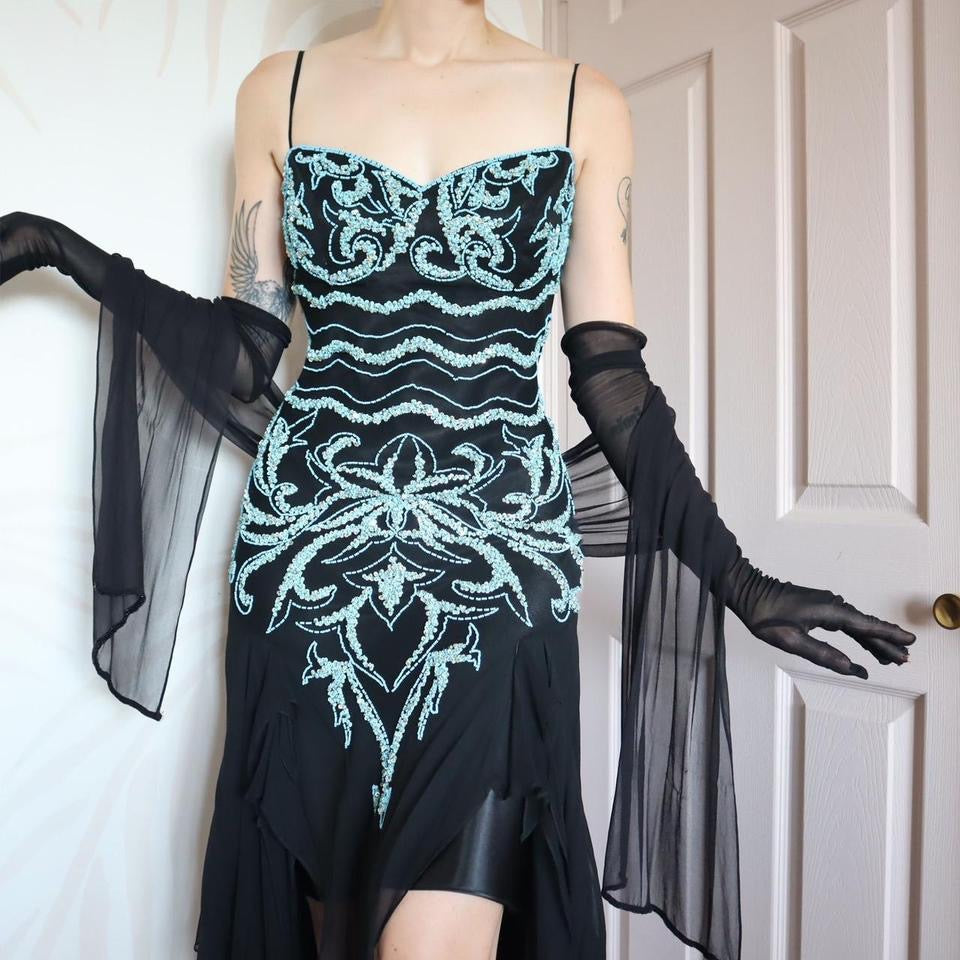 Black evening dress with turquoise beading & shawl UK 12