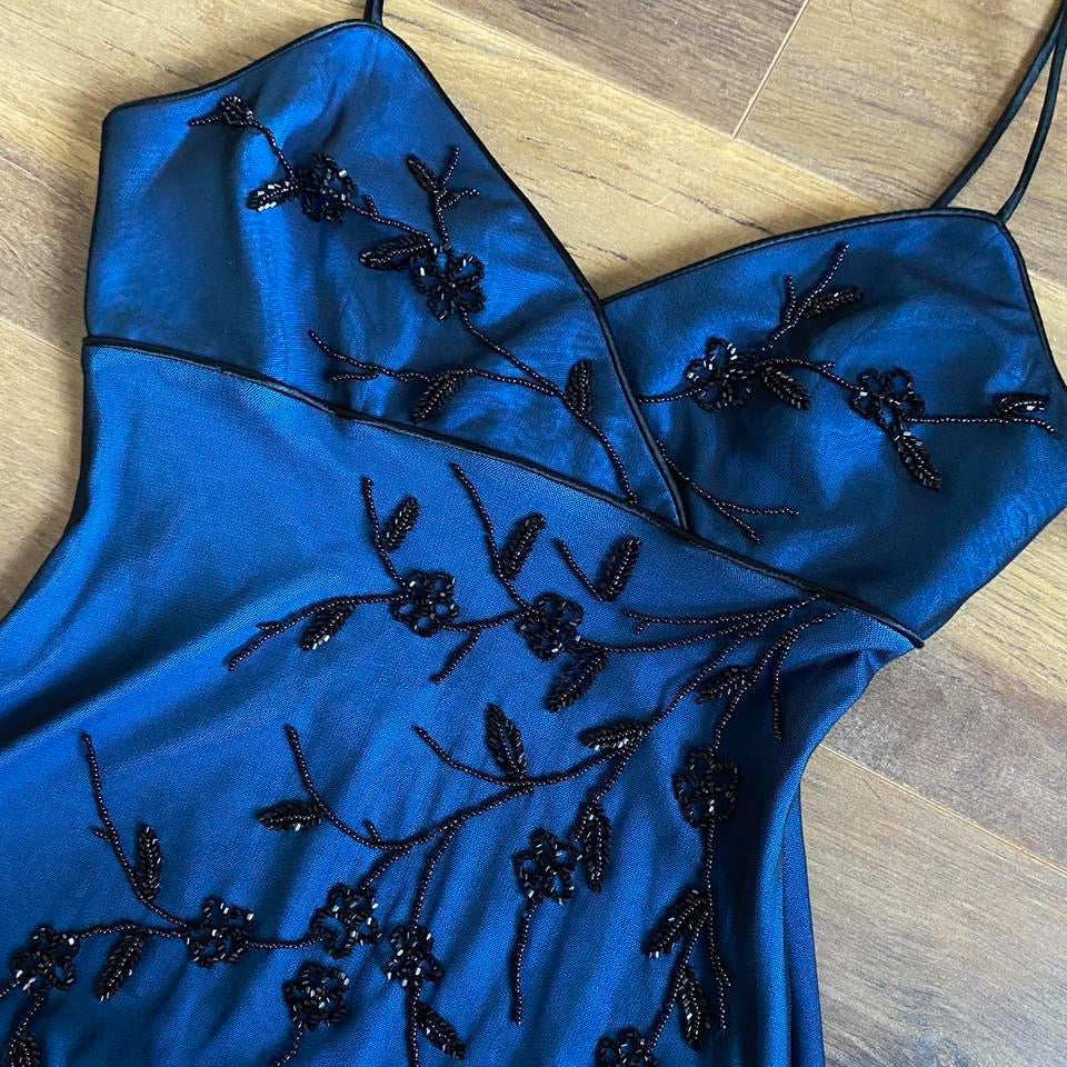 John Charles vintage 90s blue beaded dress UK 8-10
