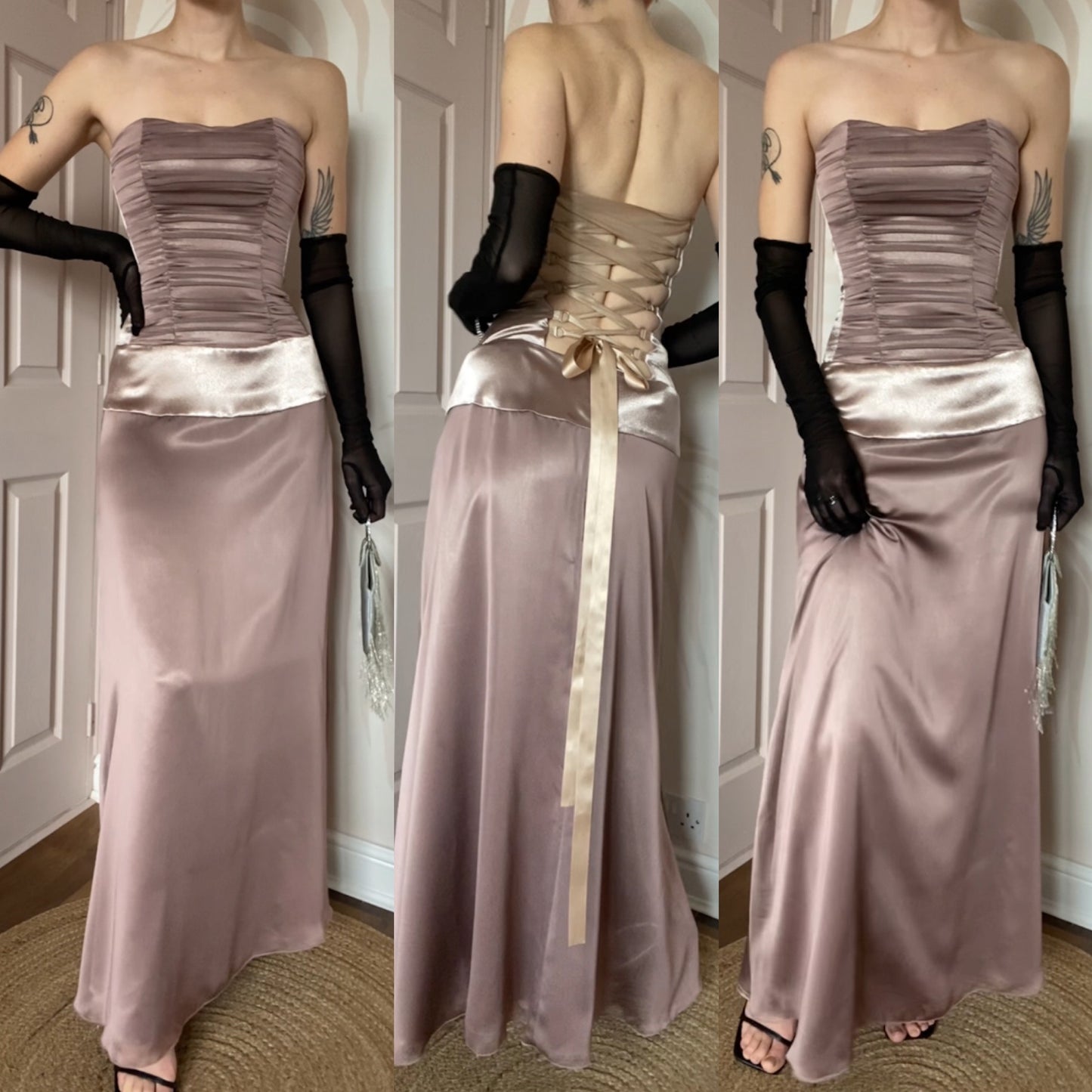 Taupe Charas strapless lace up evening dress UK 8-10