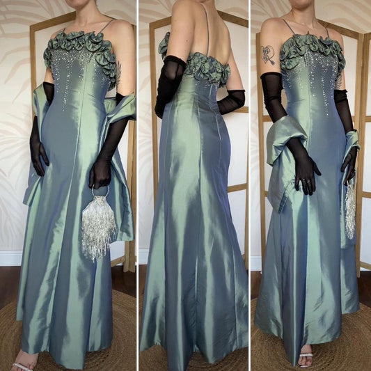 Hilary Morgan green evening dress & shawl UK 8-10