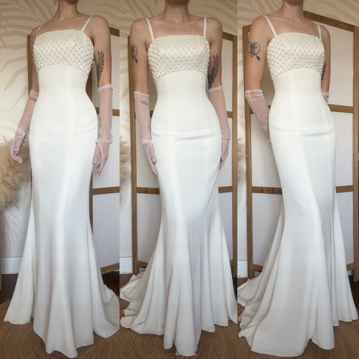 Rena Koh ivory figure hugging wedding dress & shawl uk 8-10