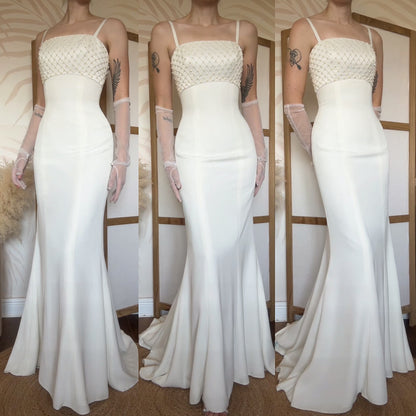 Rena Koh ivory figure hugging wedding dress & shawl uk 8-10