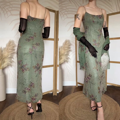 Mon Cheri green silk beaded dress & shawl uk 12