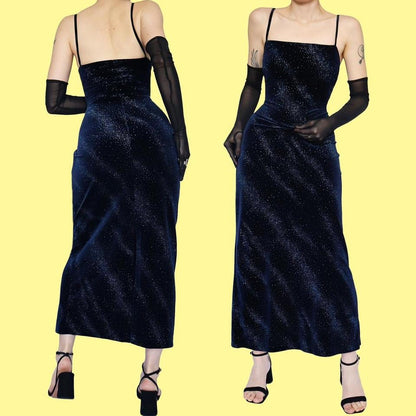 Navy glitter velvet evening dress UK 12