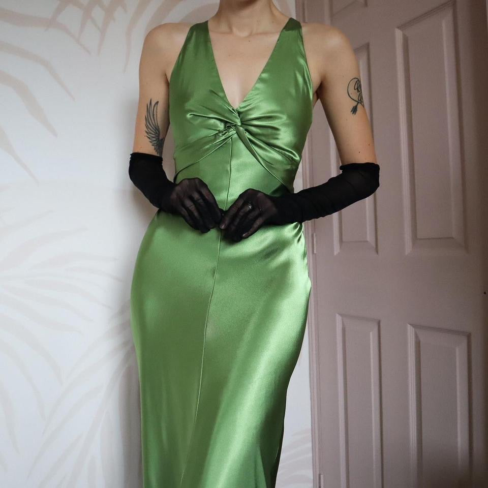 Green satin silky evening gown UK 10