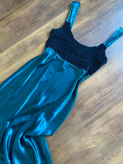 Teal Charlotte Halton 90s satin slip dress UK 12