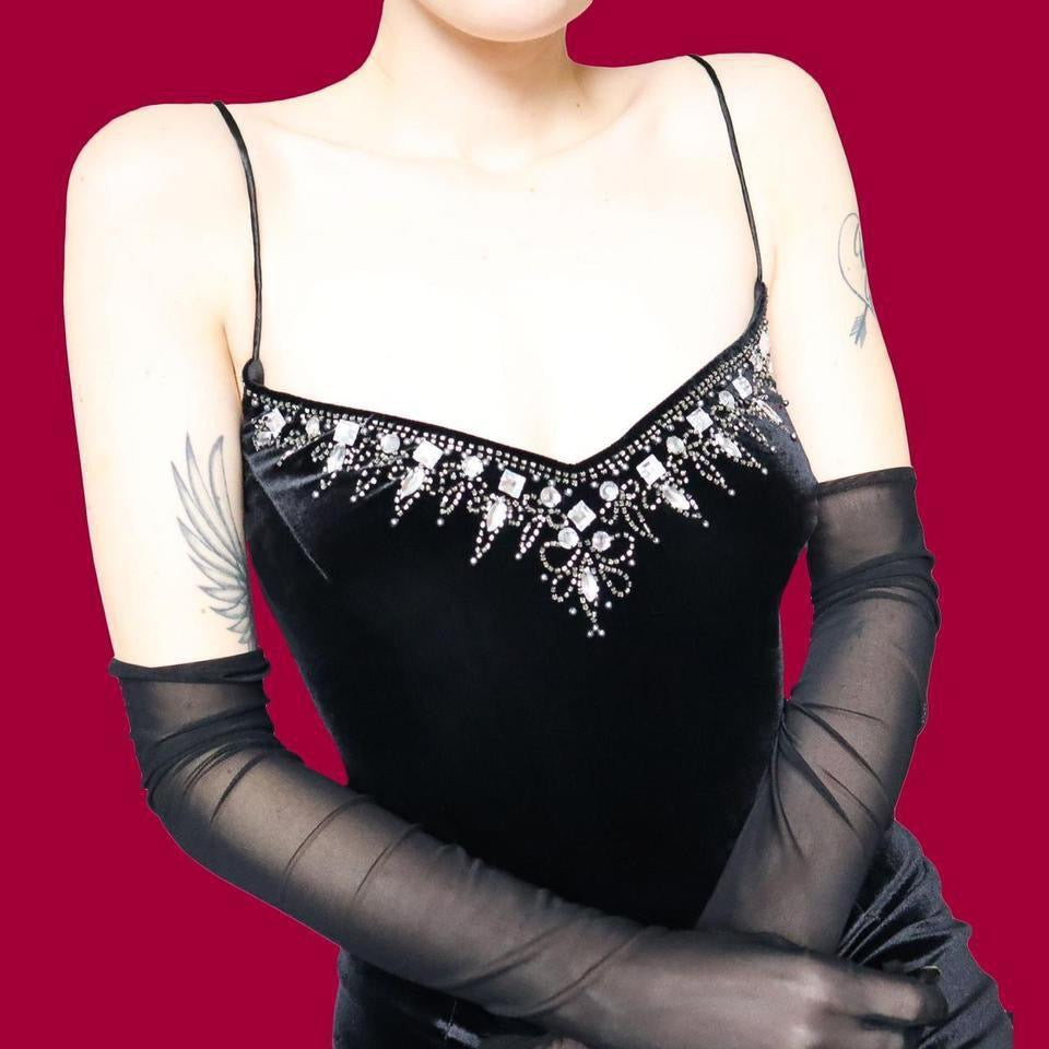 Flori black velvet beaded/gem evening dress UK 14