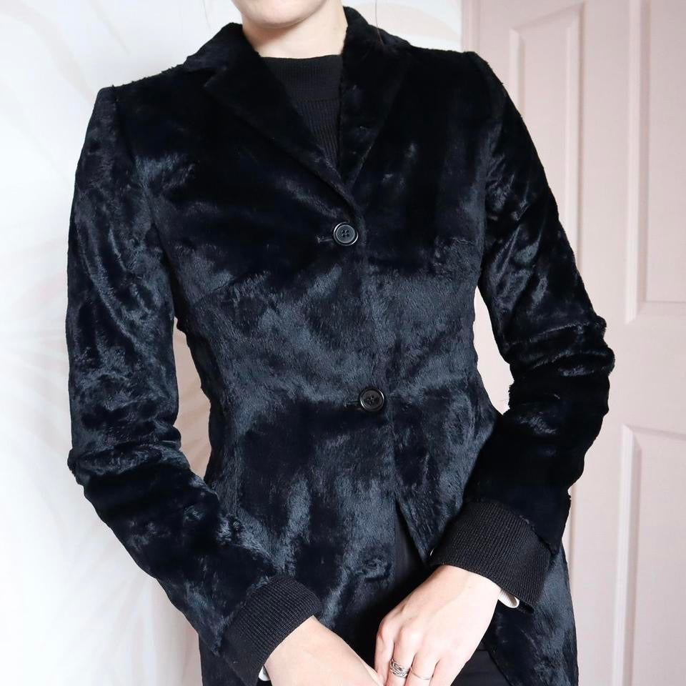 Soft black faux fur long blazer jacket UK 6/8