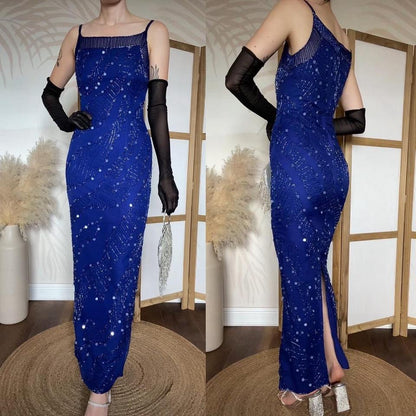 Electric blue 100% silk bead/sequin evening dress uk 8-10