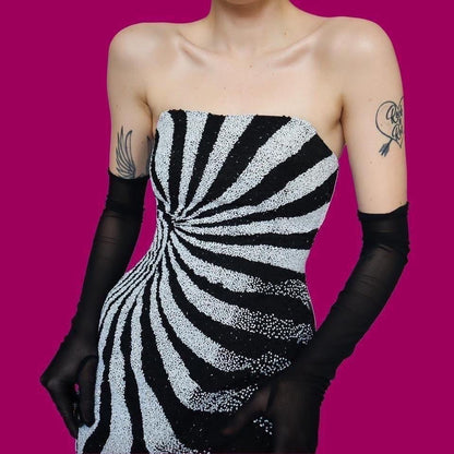 Black & white strapless beaded evening gown UK 12