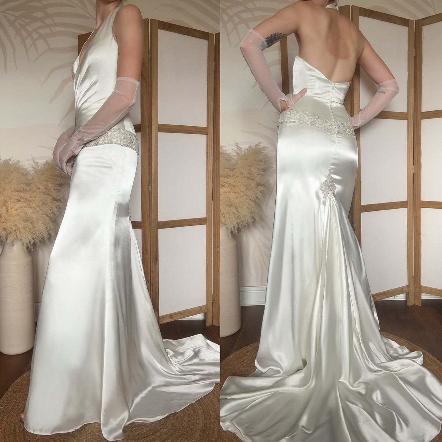 Ivory satin halter-neck wedding dress uk 10-12