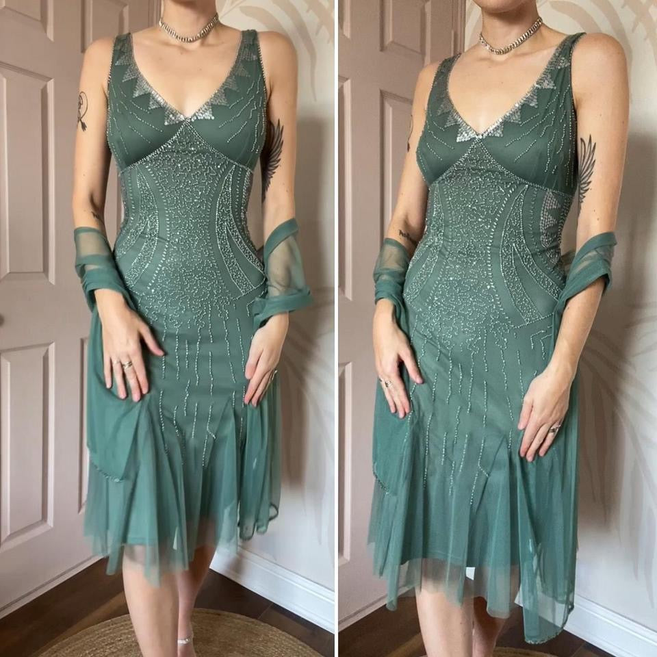 Dusky green beaded petite midi dress UK 14