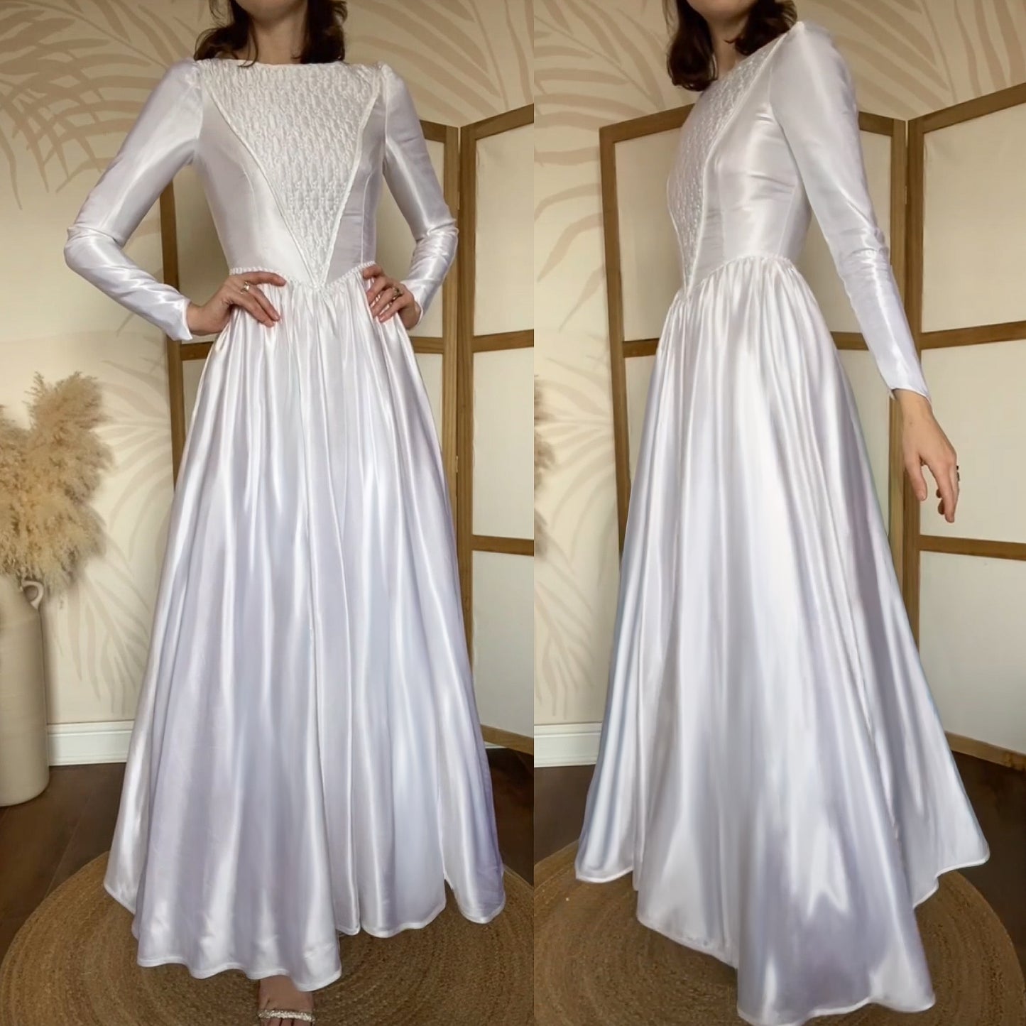 White satin long sleeve vintage wedding dress uk 8