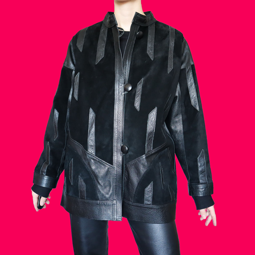 Super cool vintage 100% real leather/suede black jacket UK L