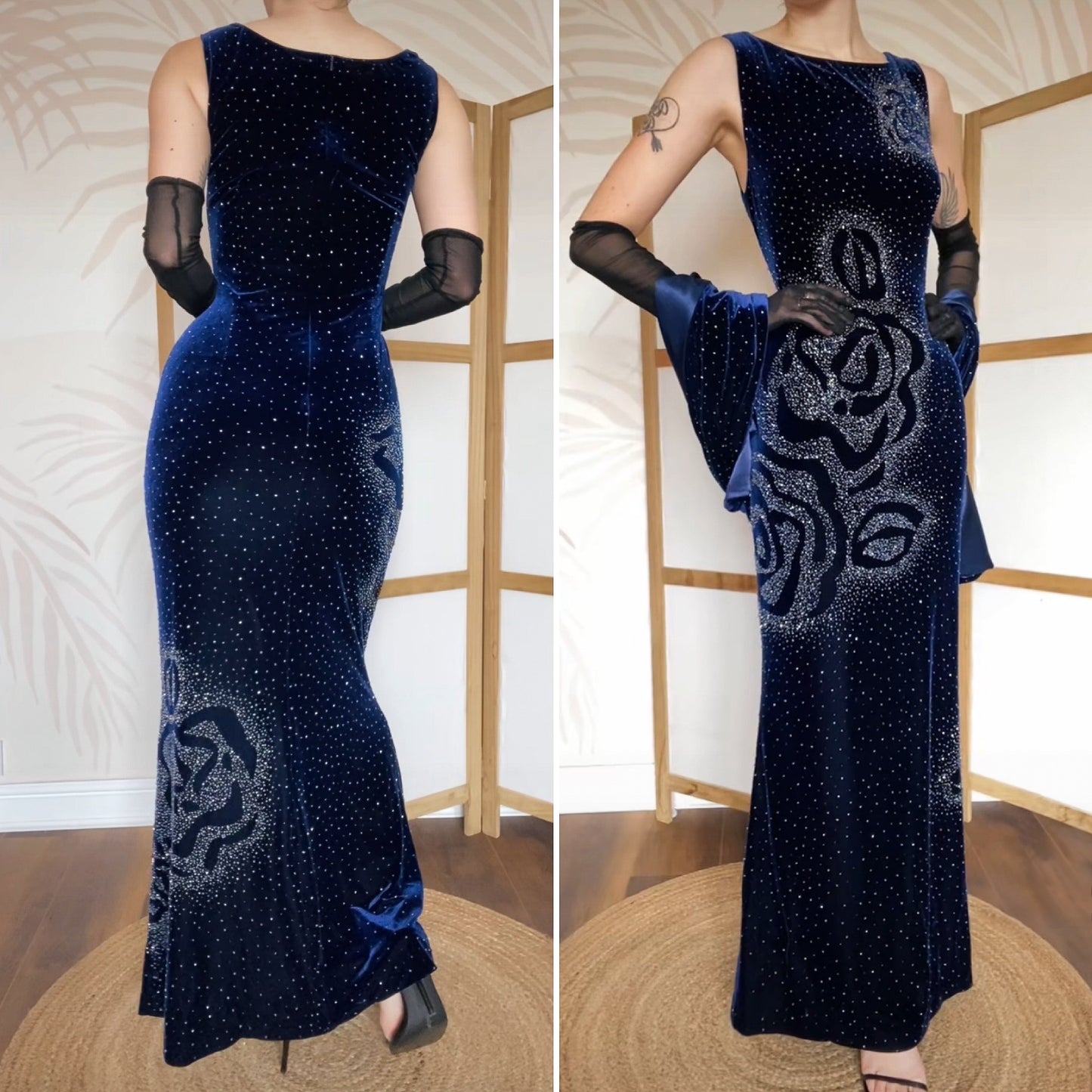 Frank Usher navy velvet beaded dress & shawl uk 14