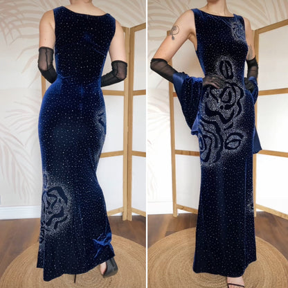 Frank Usher navy velvet beaded dress & shawl uk 14