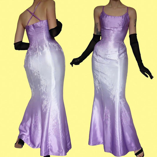 YVE London purple satin beaded fishtail evening gown UK 10