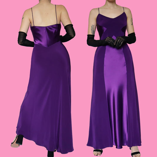 Purple satin panel slip evening gown UK 12