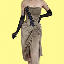 Load image into Gallery viewer, Charas dusky khaki strapless lace up midi dress UK 8
