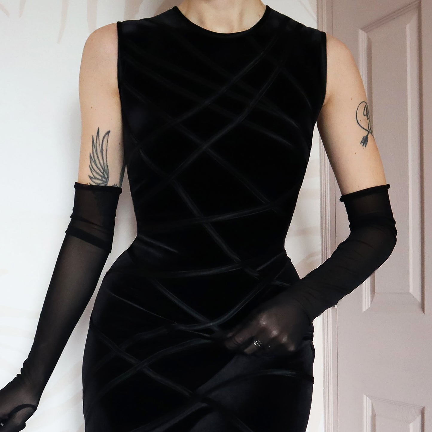 Black velvet stretch evening gown UK 12-14