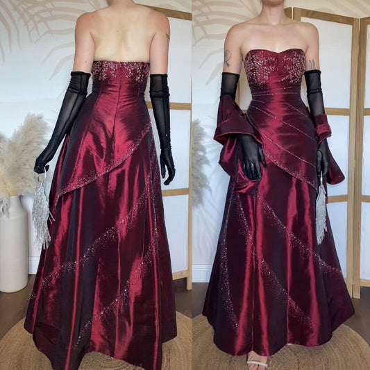 Carducci red taffeta strapless beaded prom dress & shawl uk 12