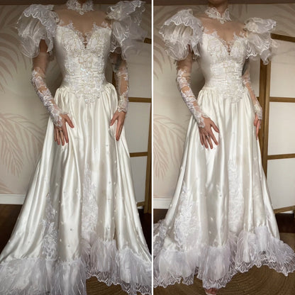 80s lace satin wedding dress with removable sleeves UK 10