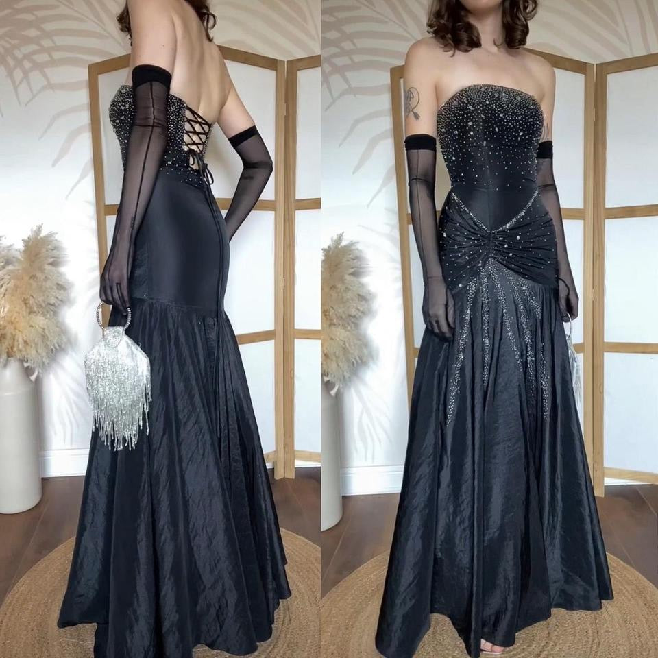 Black beaded strapless lace back prom dress uk 6