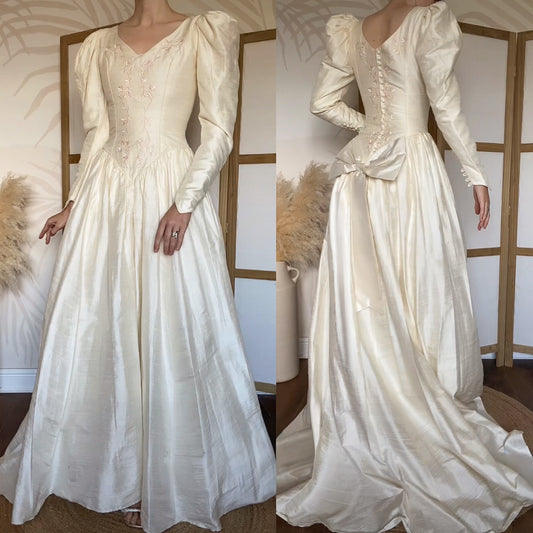 Ivory 80s 100% silk long sleeve wedding dress uk 10