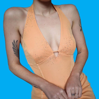 Light orange stretch glittery halter neck dress UK 14