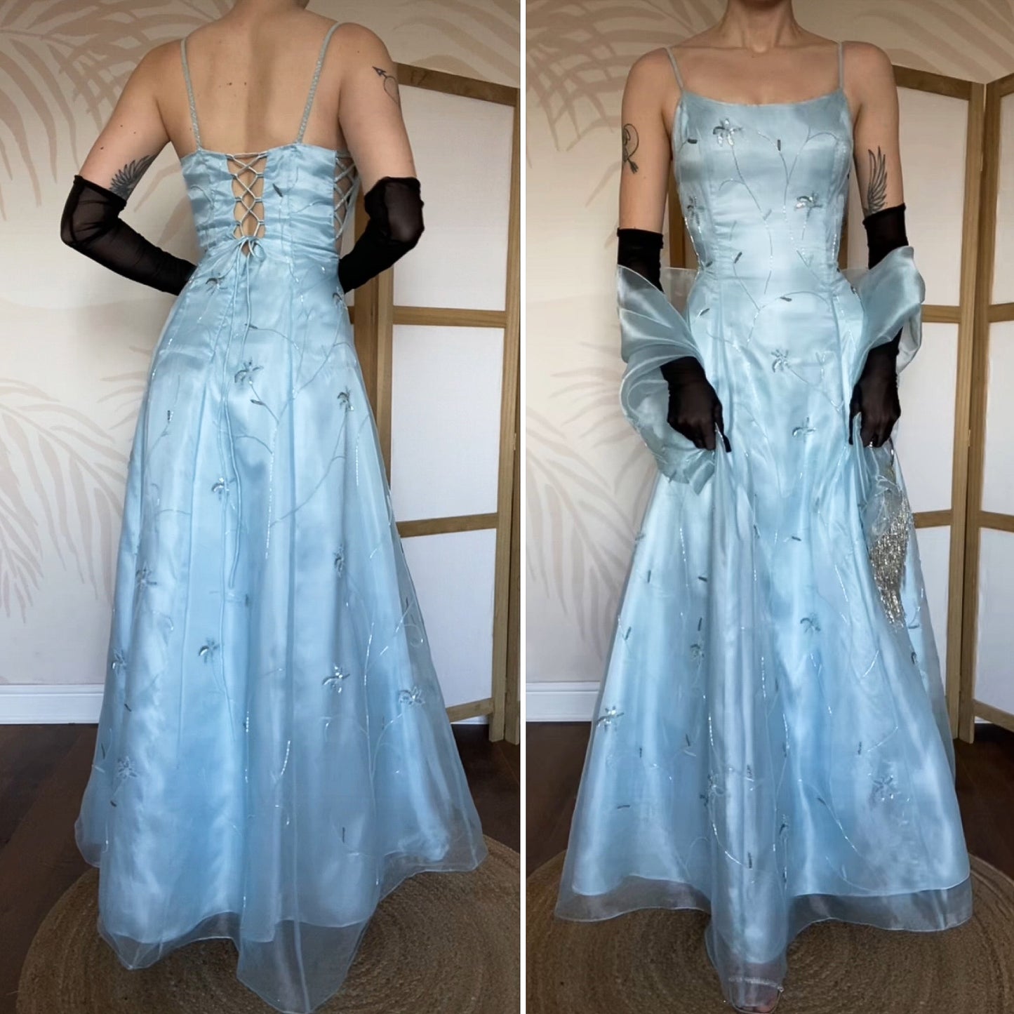 Light blue a-line organza beaded prom dress & shawl UK 12