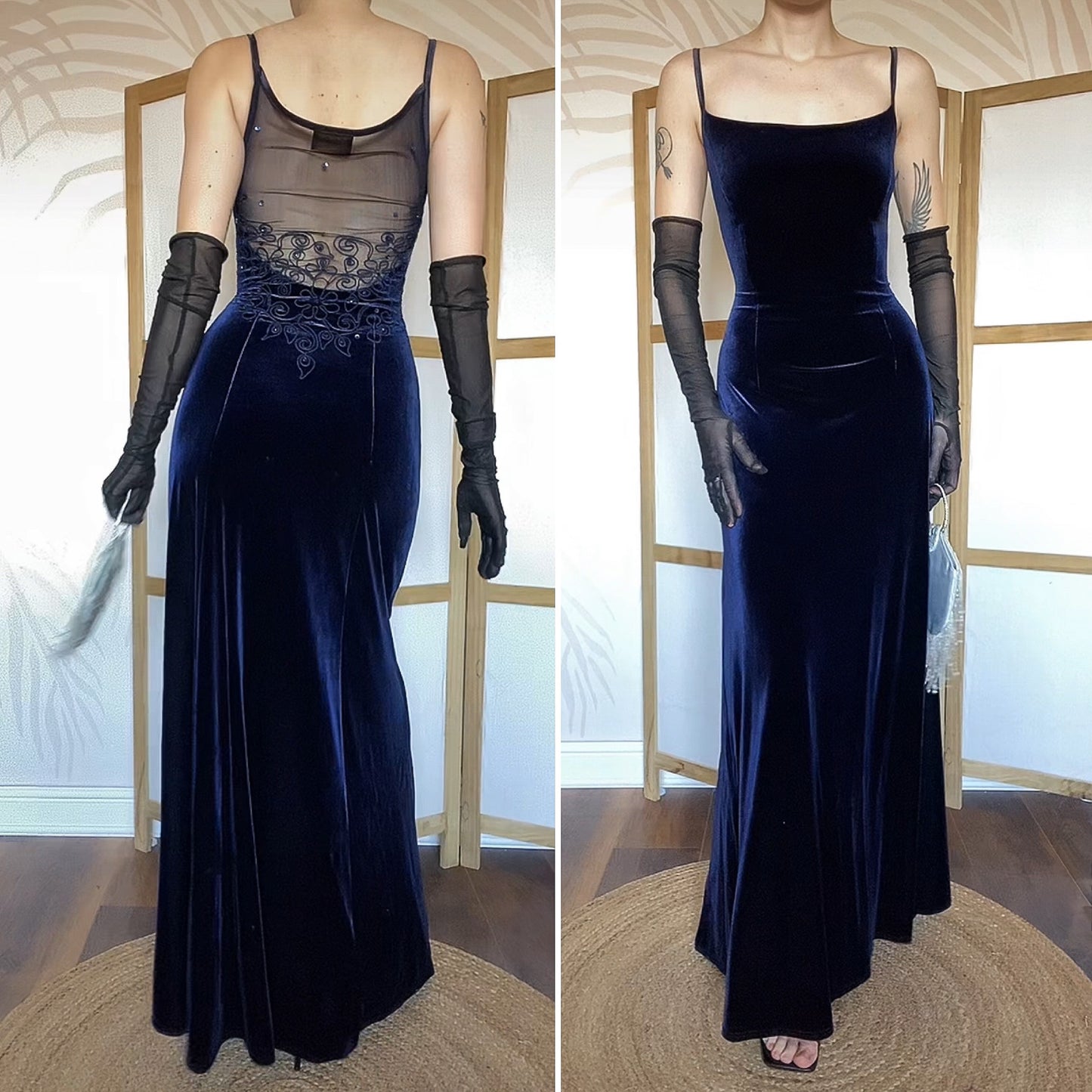 Gina Bacconi navy velvet stretch evening dress UK 12-14