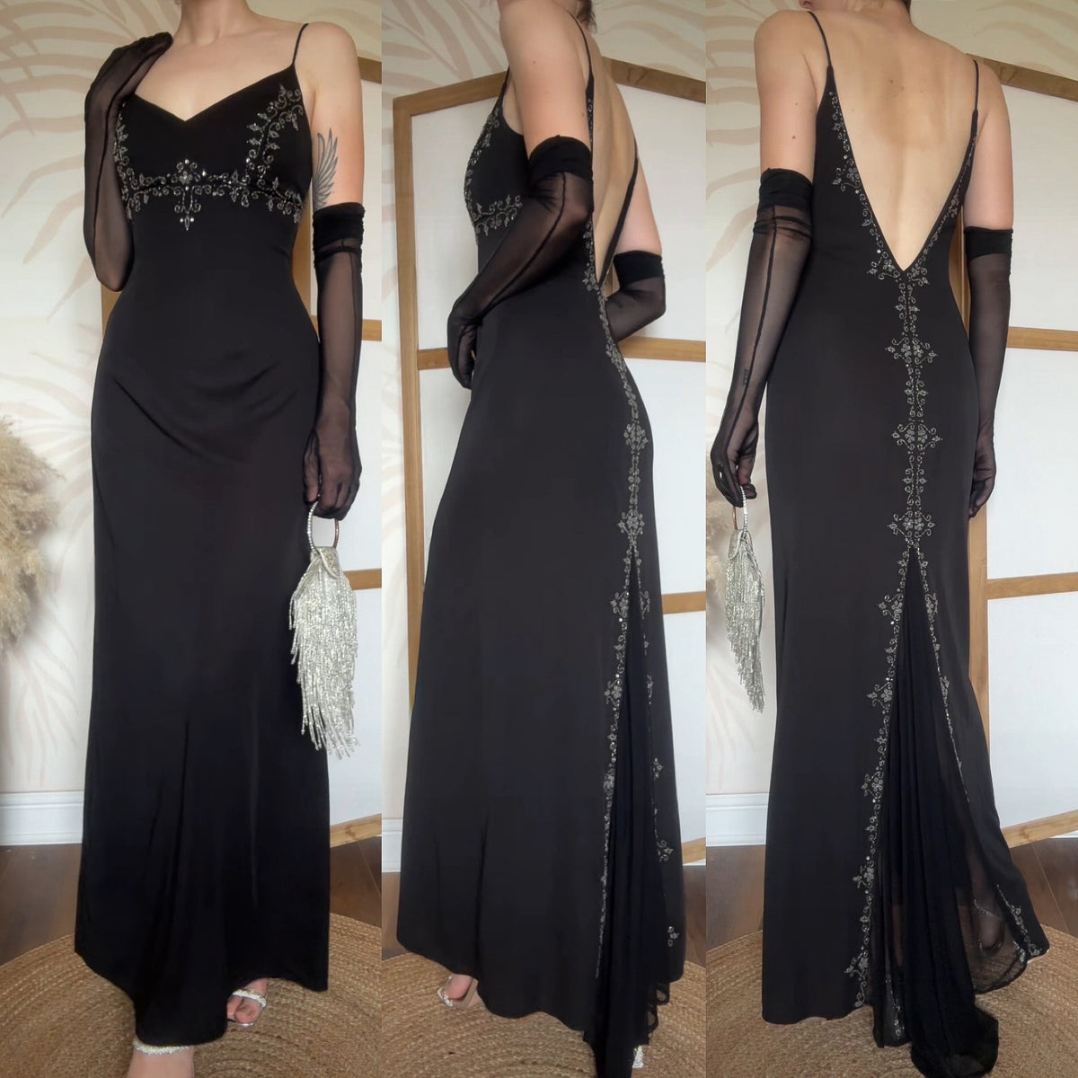 Black beaded low back evening dress uk 10