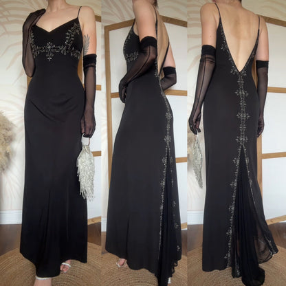 Black beaded low back evening dress uk 10