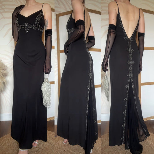 Black beaded low back evening dress uk 10