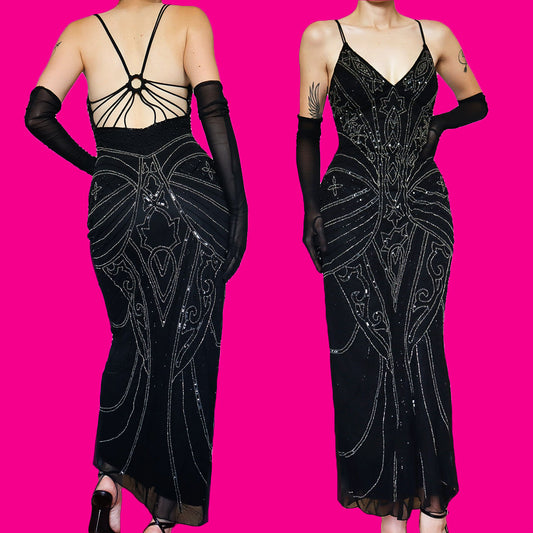 Black beaded Kaleidoscope evening gown UK 10