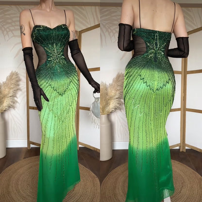 Green pure silk beaded prom dress uk 10