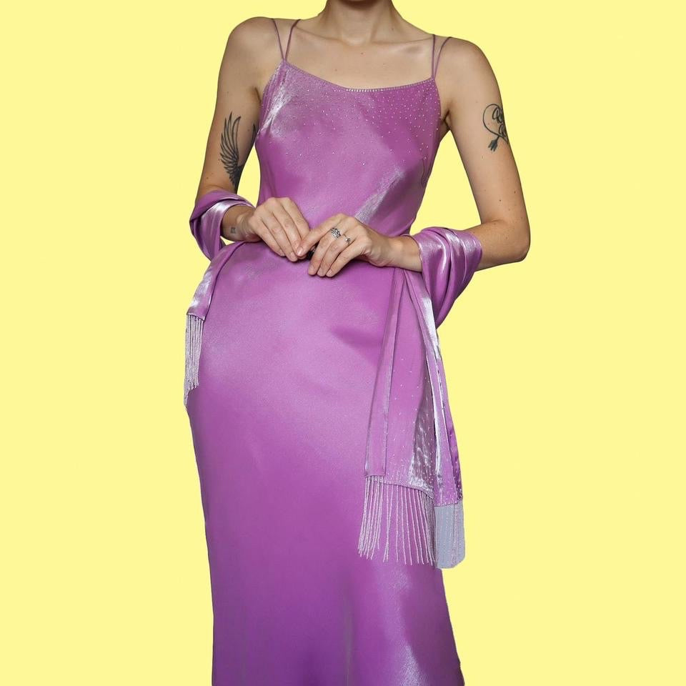 Silky lilac beaded evening dress & shawl UK 8