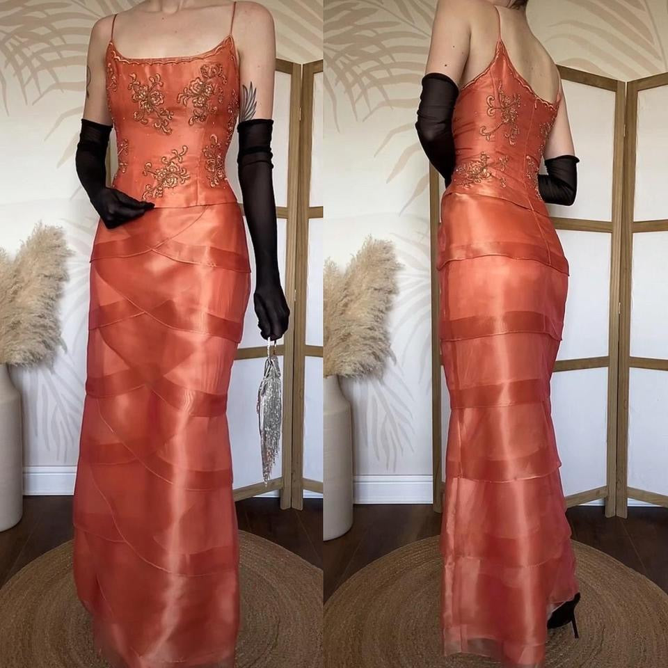 Niki Livas orange layered evening dress uk 12-14