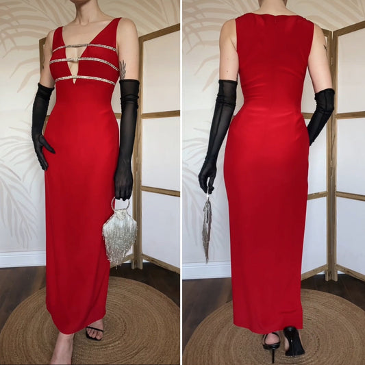 Red Dusk low cut diamanté evening dress uk 12