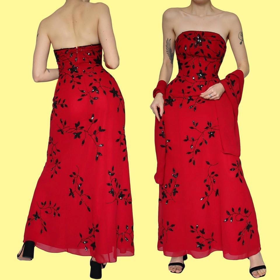 Red Kaleidoscope strapless beaded gown & shawl UK 14