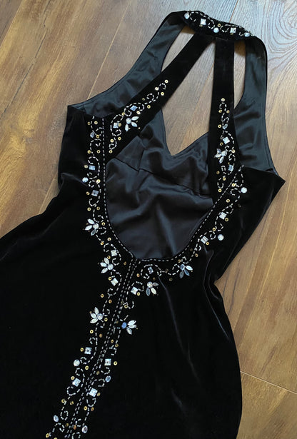 Flori Design black velvet beaded evening dress UK 14