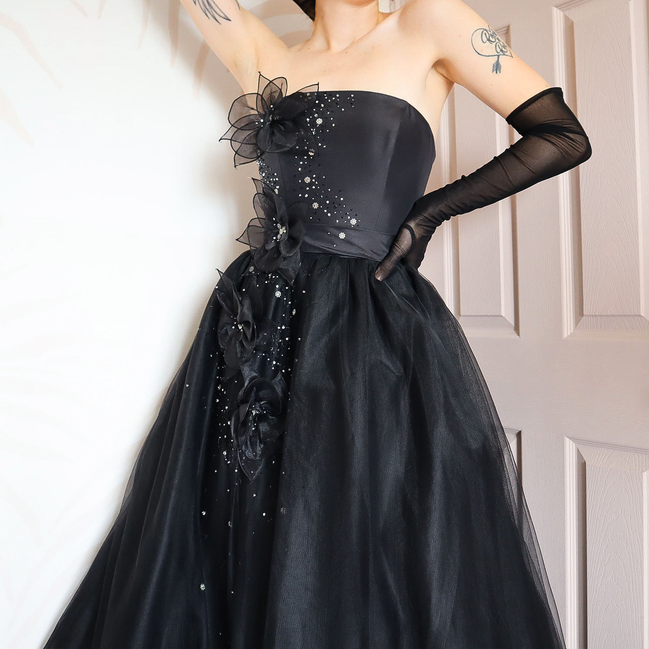 Vintage black Hilary Morgan A-line strapless ball gown prom dress UK 6/8