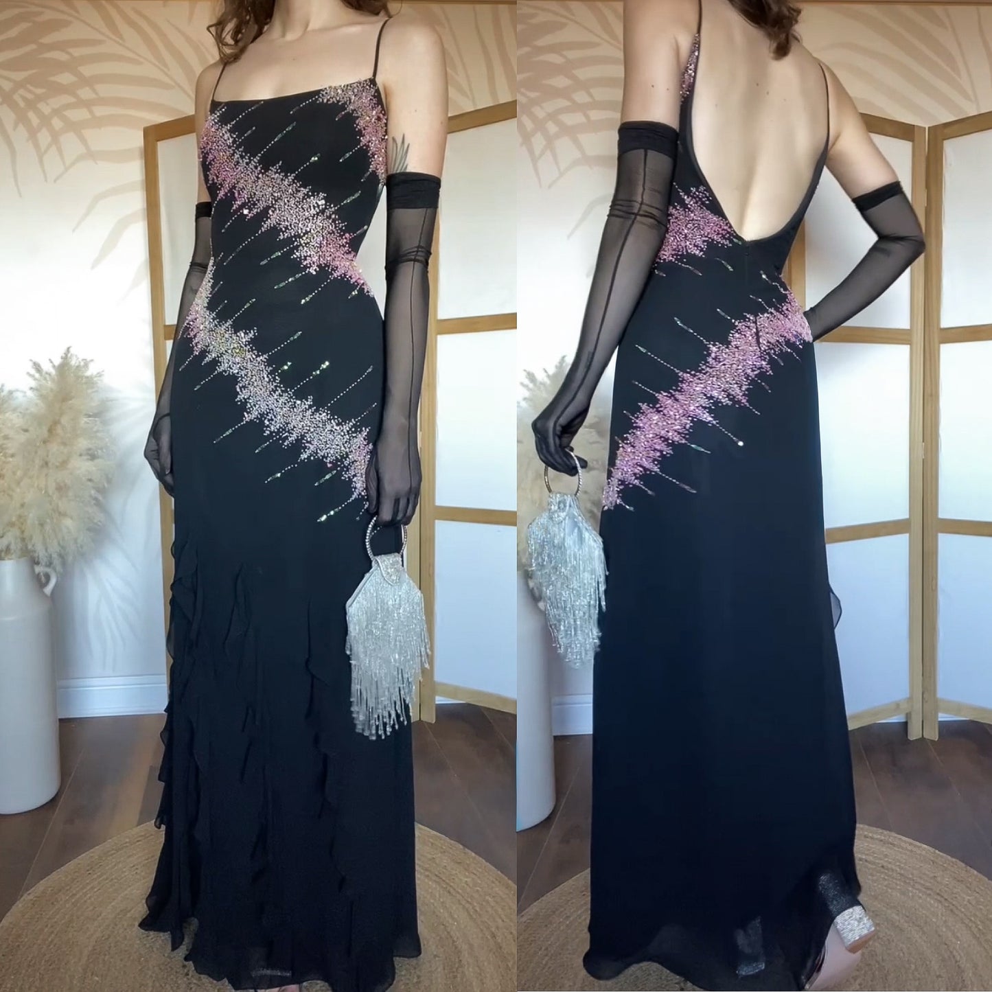 YVE London black & pink beaded evening dress uk 12-14