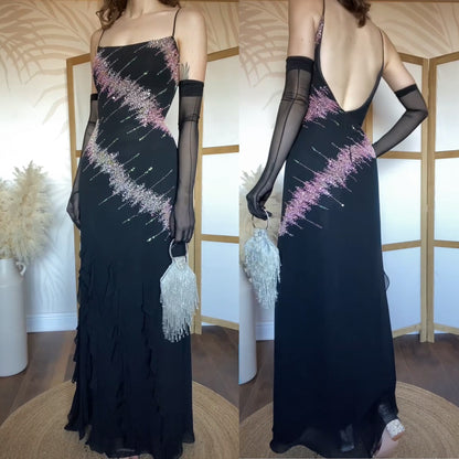 YVE London black & pink beaded evening dress uk 12-14