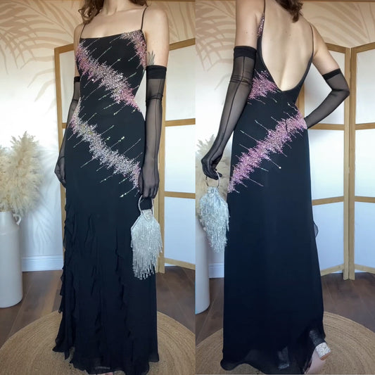 YVE London black & pink beaded evening dress uk 12-14
