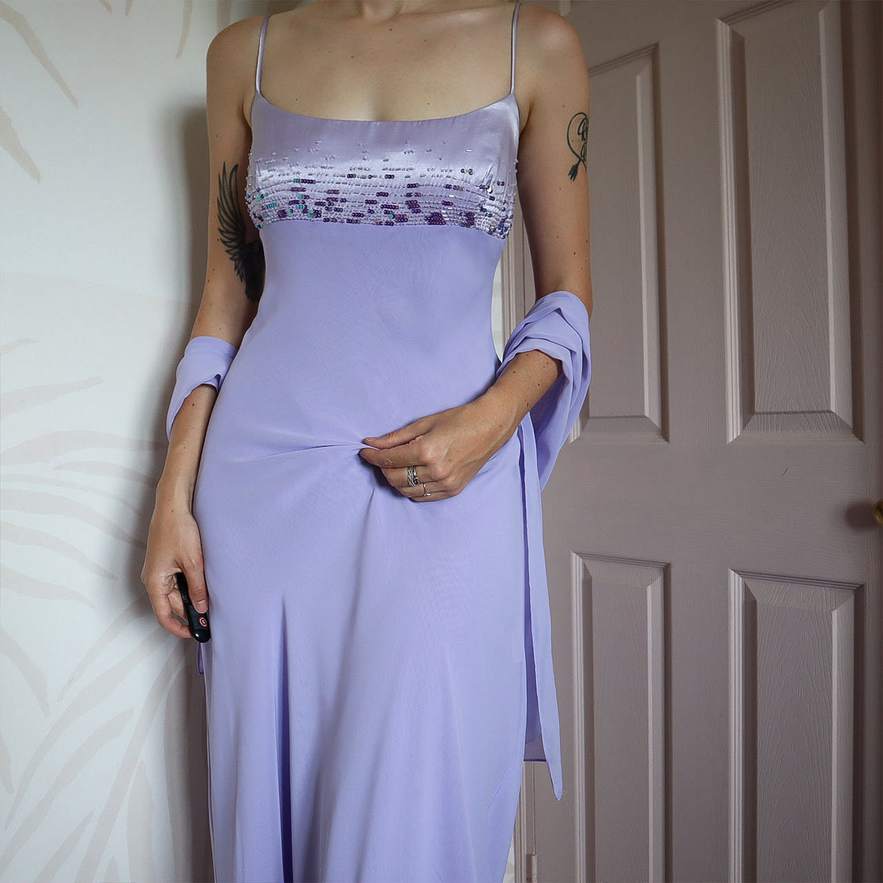 YVE London purple chiffon evening dress & shawl UK 14