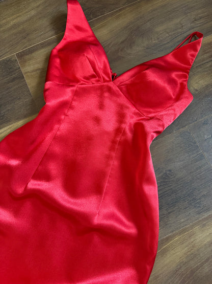Red satin lace back evening dress uk 8-10
